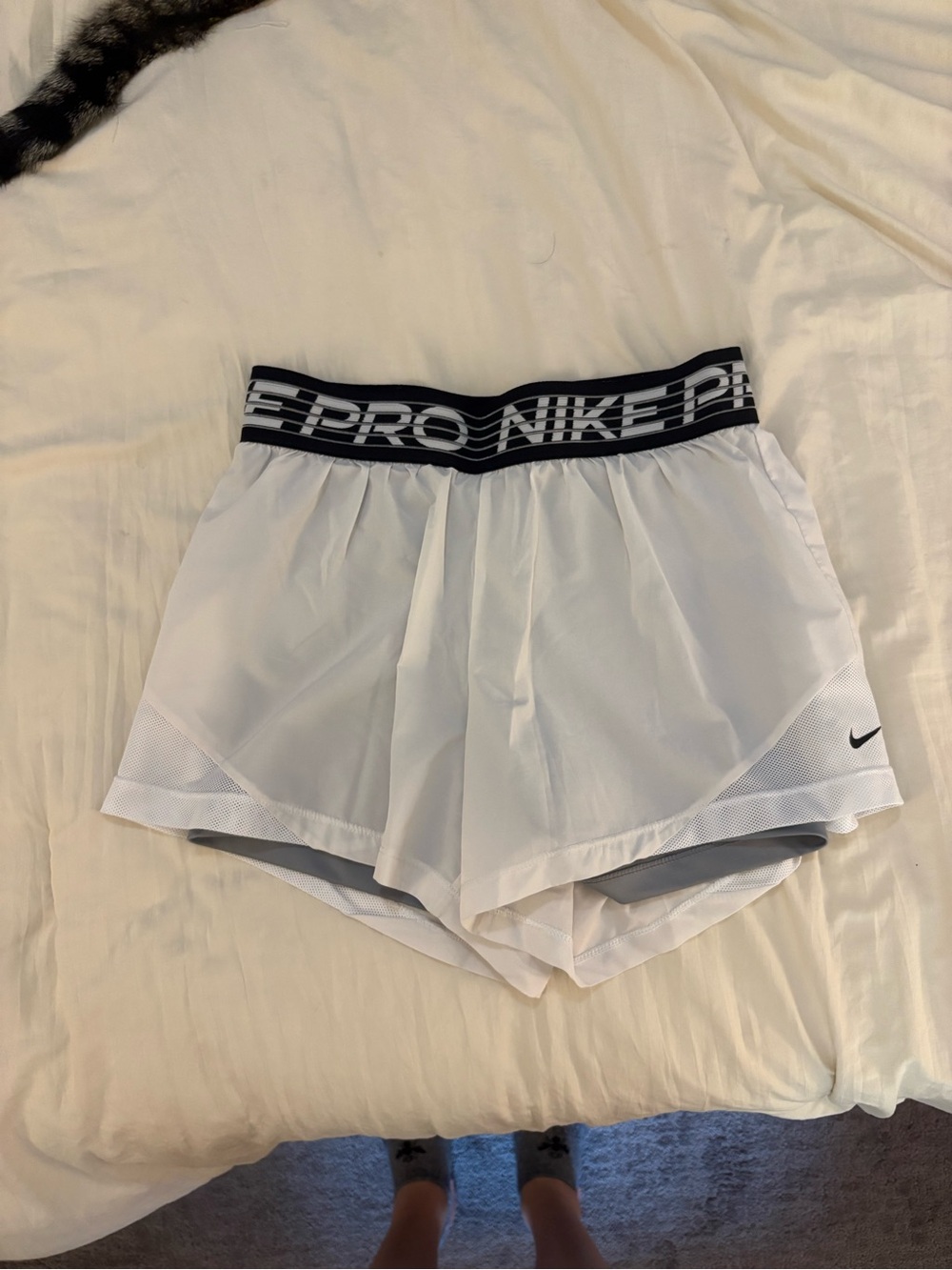 Nike White Athletic Shorts with Black Pro Logo Waistband